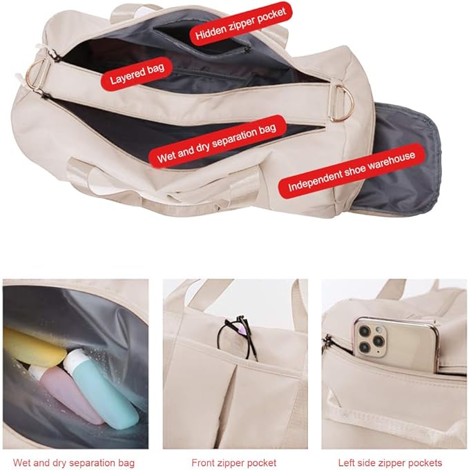 Blackwheel Sports Gym Bag With Shoe Bag Wet Bag Duffle Bag Waterproof Travel Bag for Women Cute Gym Bag Beige 29L