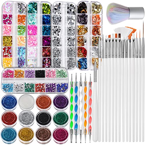 FANDAMEI Art Brush Kit, Design Tools With Brushes, Dotting Tools, Fine Glitter, Butterfly, Sequins, Foil Flakes, Rhinestones, Dust Brush for Nails