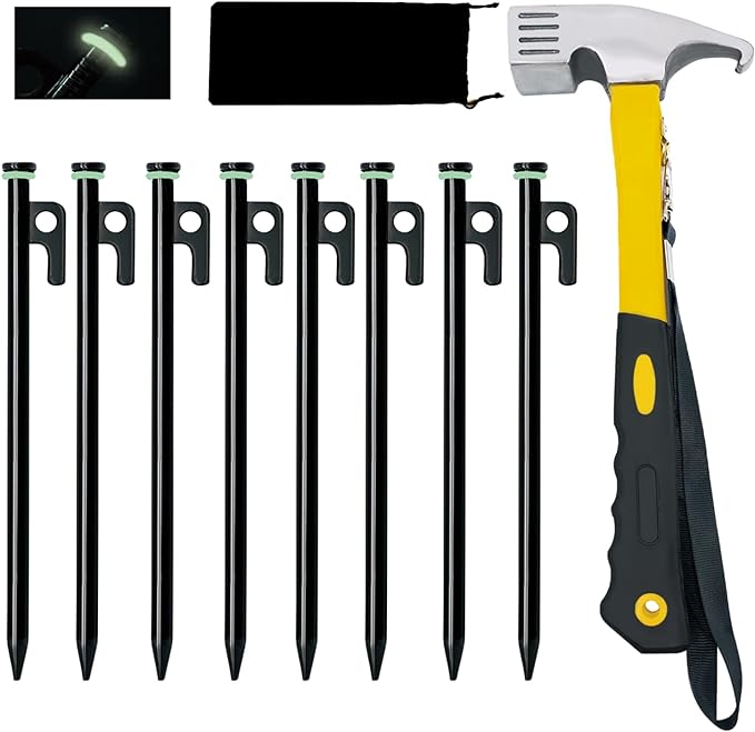 8 Pack Tent Stakes with Hammer, 8in Heavy Duty Tent Stakes + 10in Tent Stakes Hammer+Storage Pouch, Forged Steel Tent Stakes for Camping Used on Rocks(8Pcs 8in Tent Stakes and Hammer)