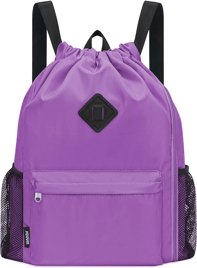 WANDF Drawstring Backpack Sports Gym Bag with Shoes Compartment, Water-Resistant String Backpack Cinch for Women Men(Large,Purple)