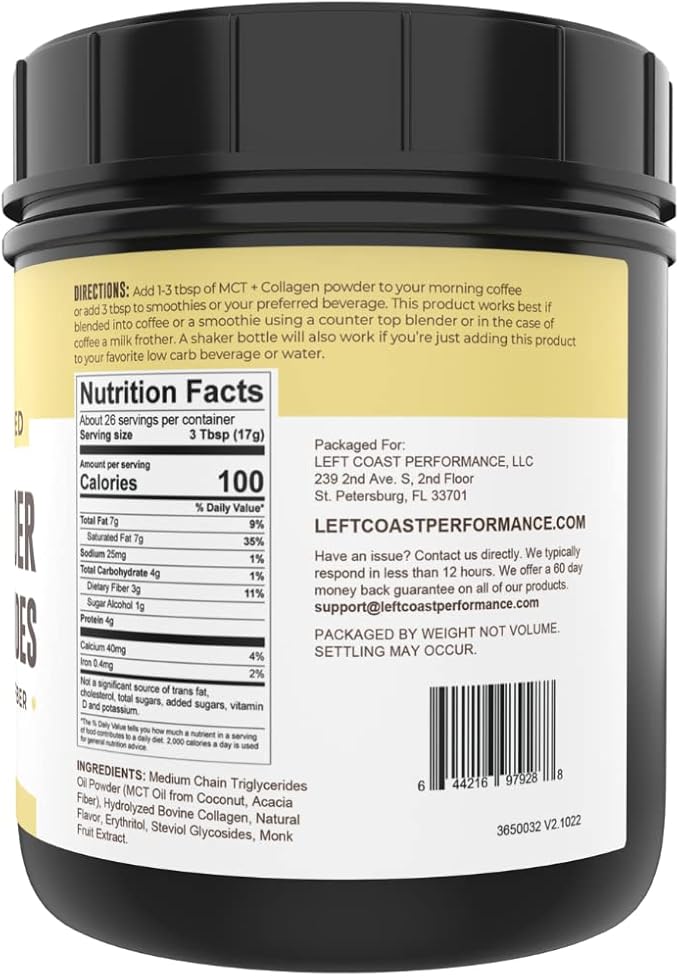 Keto MCT Oil Powder + Collagen + Prebiotic Acacia Fiber, Vanilla Flavor, 16oz. MCT Oil Powder from Coconuts. Grass Fed Collagen, Perfect for Keto, 0 Net Carb, Stevia, Erythritol, Powdered Drink