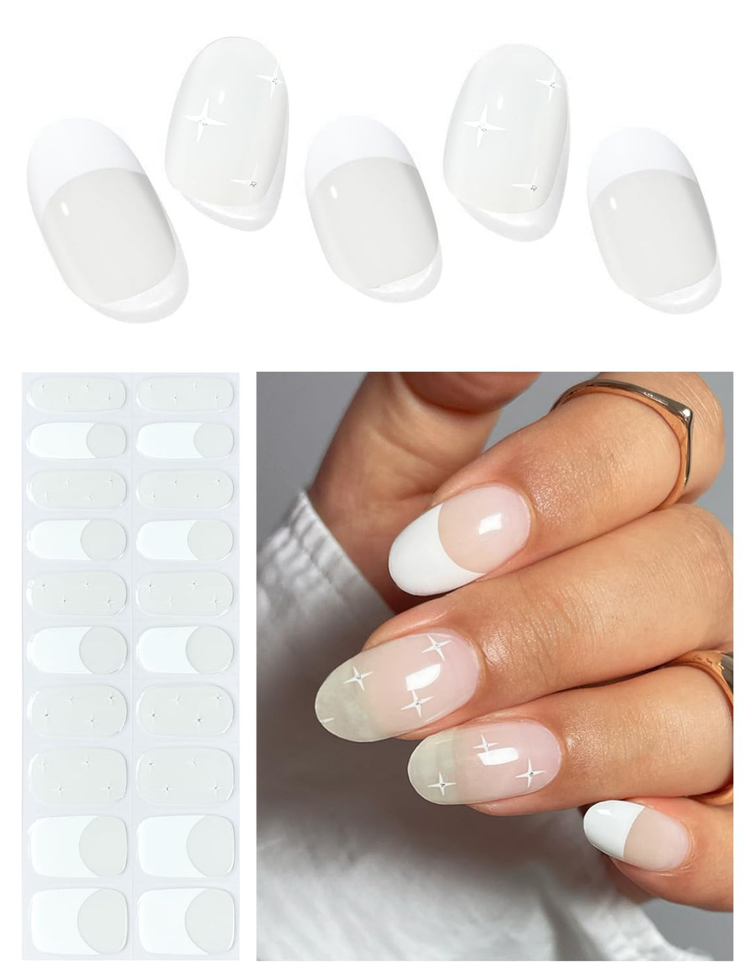 AutyaMee Semi Cured Gel Nail Strips (French Star), White, 20 Pcs Gel Nail Wraps, Stickers, UV Light Required, Salon Quality, Long Lasting