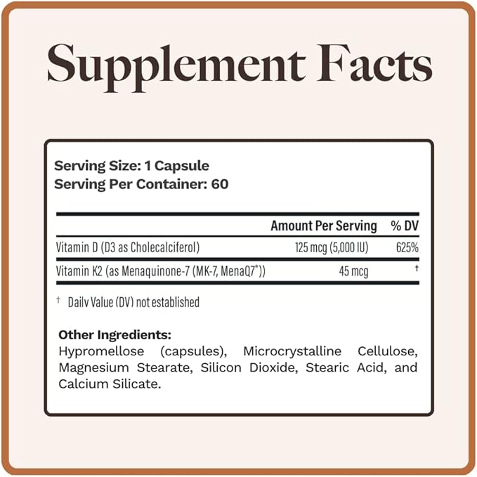 Vitamin K2 + D3 | High Dose K2 | 45 mcg of MenaQ7 Form of K2 | 5,000 IU D3 Cholecalciferol Form | Made in USA | 60 Servings