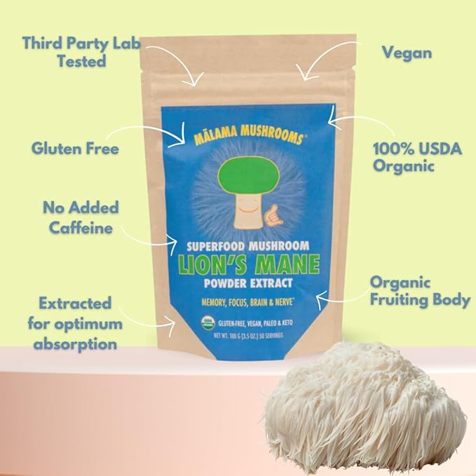 Lion's Mane Extract Powder by Malama, Organic Fruiting Body Lions Mane Mushroom Powder, Superfood Adaptogenic, Supports Memory, Focus, Brain, & Nerves