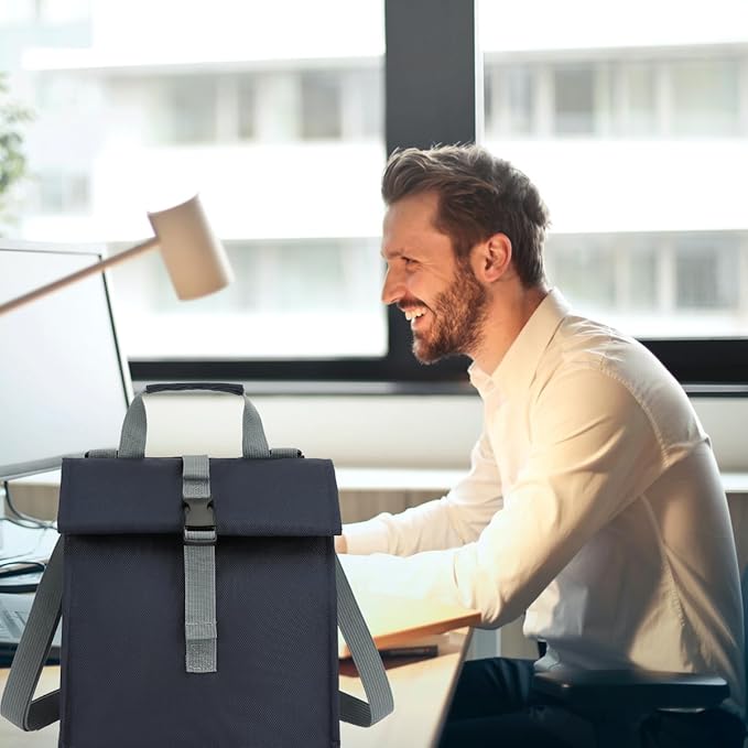 Insulated Lunch Bag for Men/Women,Roll top Reusable Lunch Box with Adjustable Shoulder Strap,Thermal Lunch Cooler Tote Container for Adults Work Office Picnic,Cyan