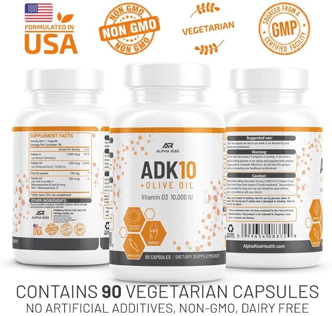 ADK 10 Vitamin Supplement + Olive Oil for Better Absorption - with Vitamins A + D3 (10,000 iu) + K2 (MK7+MK4) - 90 Capsules - Vegetarian - Non-GMO
