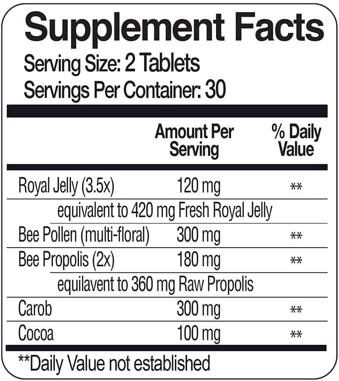 BEE and You Royal Jelly + Propolis + Bee Pollen Chewable Tablets - High Potency - No Artificial Flavor/Preservatives - No Added Sugar- No Soy/Milk/Gelatin/GMO/Gluten, 500 mg x 60 Tablets