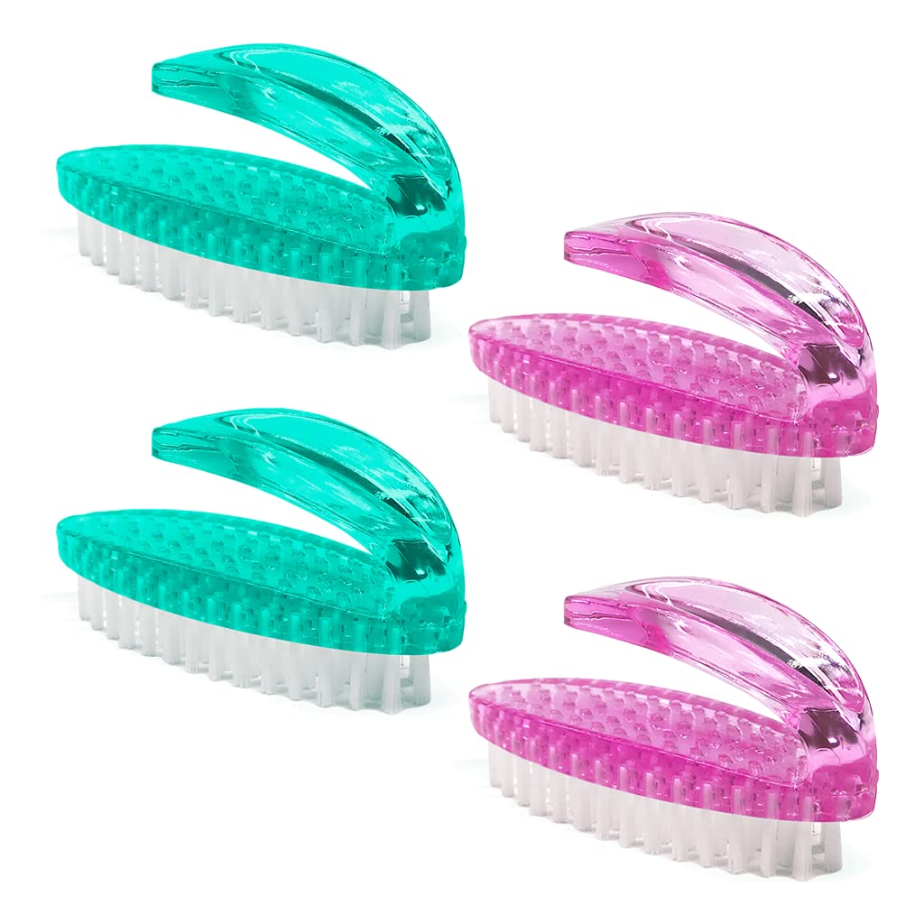 Handle Grip Nail Brush for Cleaning Fingernails Hands & Under Nails, Stiff Bristle Mechanic Scrub Brush Cleaner for Men Women, Pedicure Scrubbing Tool Kit (2 Pink + 2 Green)