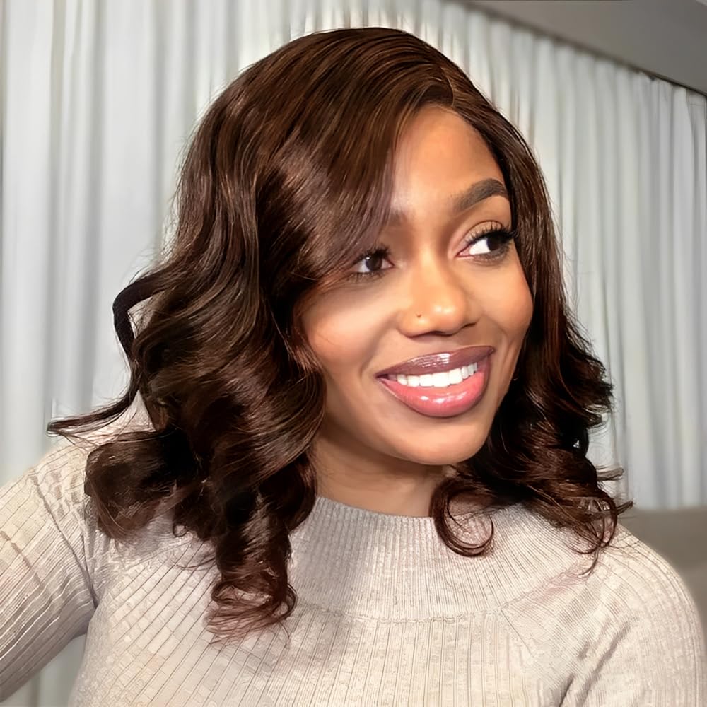 Tinashe Wear and Go Glueless Bob Wigs Human Hair Black Brown 5x6 HD Lace Closure Wigs Pre Plucked Bob Body Wave Lace Front Wigs Short Bob Wigs for Black Women (Loose Body Bob Wig #3, 12inch)