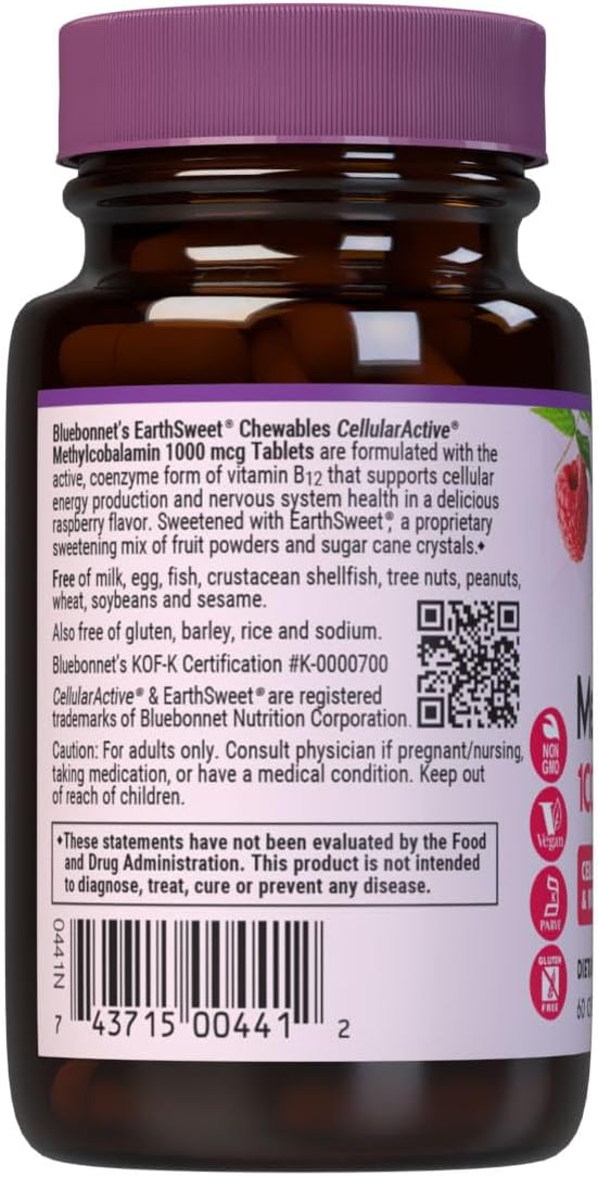 Bluebonnet EarthSweet Methylcobalamin 1,000 mcg Active Coenzyme Form of Vitamin B12 Supports Energy Boost & Metabolism - Vegan, Gluten-Free - Raspberry Flavor - 60 Chewable Tablets