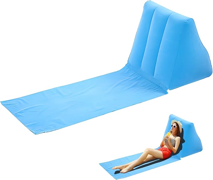 1PC Light Blue Inflatable Beach Mat Lounge Chair - Flocking Camping Leisure Lounger Back