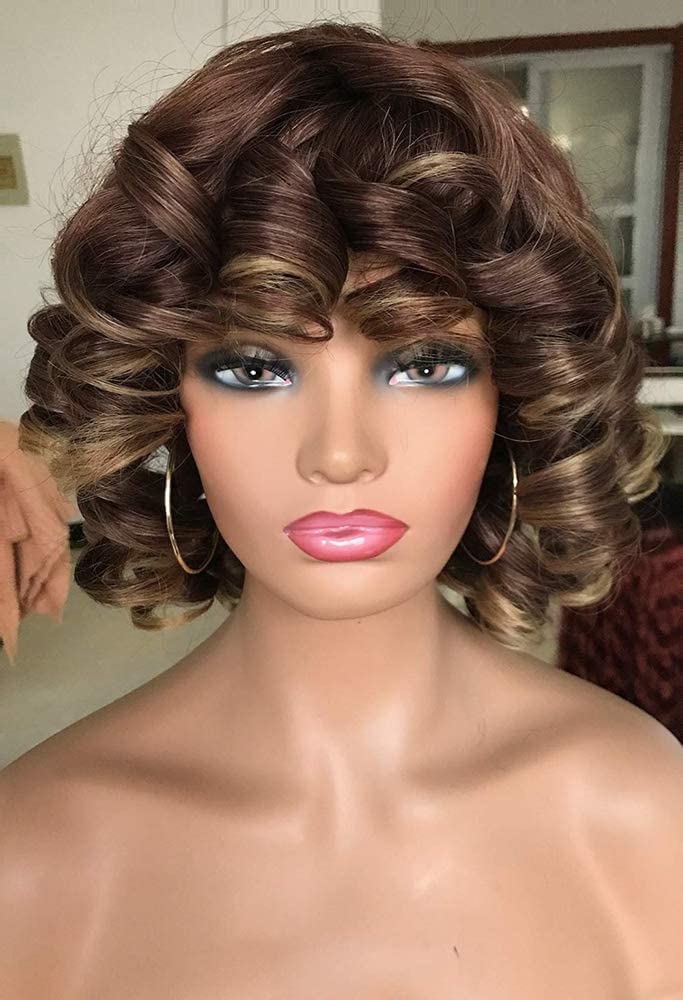Annivia Short Curly Wig For Women With Bangs Big Bouncy Fluffy Kinky Curly Wig Soft Synthetic Short Curly Afro Wig (Copper Red)