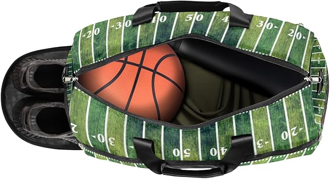 American Football Field And Ball Dry Wet Depart Duffle Overnight Bag with Shoes Compartment & Wet Pockets, Water Resistant Weekender Travel Gym Pouch For Swim Gymnastics Ballet Sleepovers