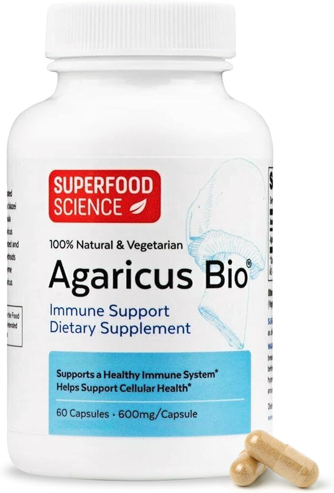 Agaricus Bio 600 mg Wellness Formula, Natural Killer Cell Activity -USA-Grown Organic Agaricus Blazei Murill Mushroom for Immune Support, Liver & Cellular Health, High Beta Glucan Supplements, 60 Caps
