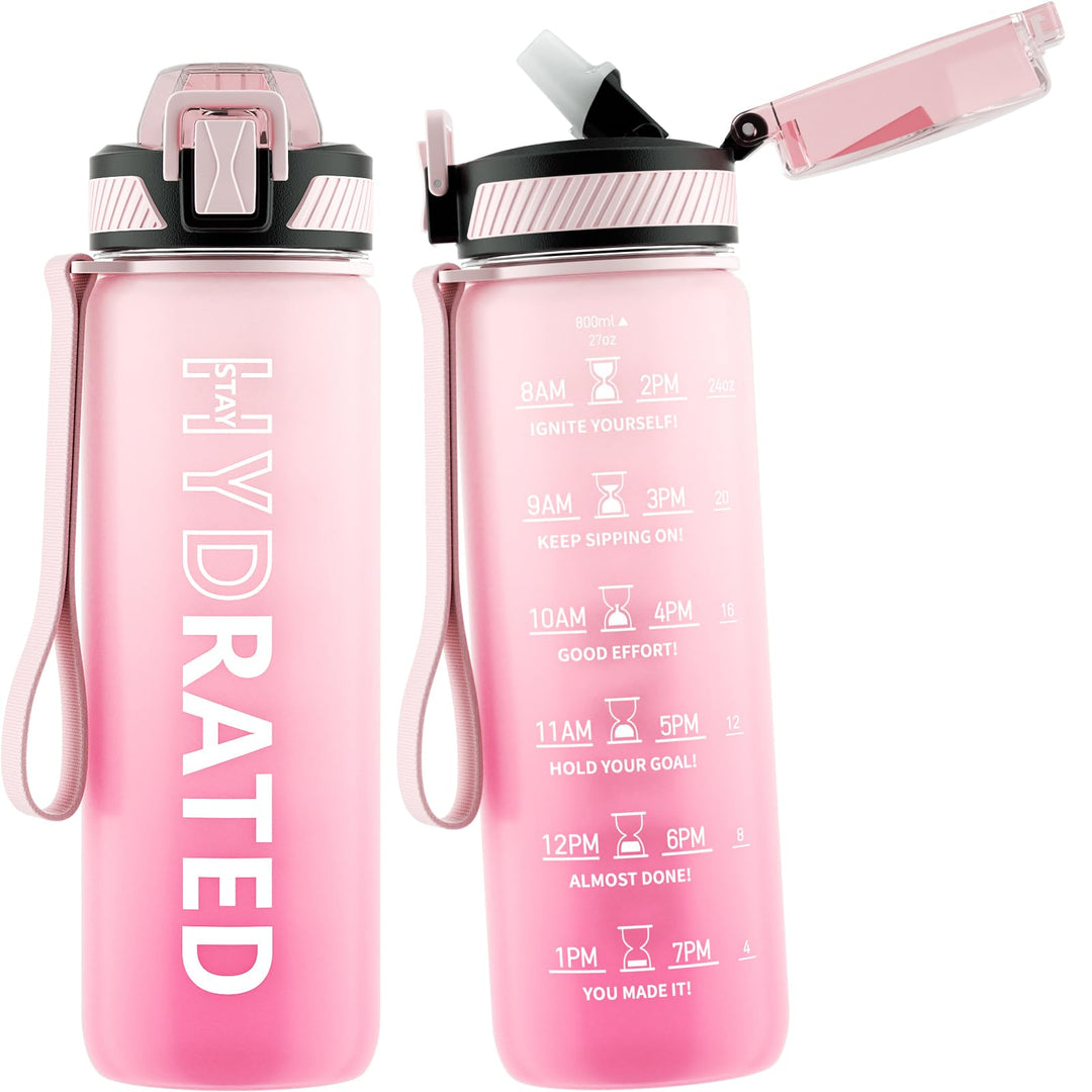 QLUR Water Bottle with Straw, 27 oz Motivational Water Bottles with Time Marker to Drink, Tritan BPA Free, 800ml Sports Water Bottle with Carry Strap LeakProof for School Fitness Outdoor (1Pack)
