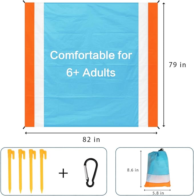 Aitey Sand Free Beach Blanket, Waterproof Beach Mat Compact Outdoor Blanket Ideal for Picnic, Travel, Hiking, Camping and Music Festivals with 4 Stakes, 4 Corner Pockets and Bag - 82"x 79"(Blue)