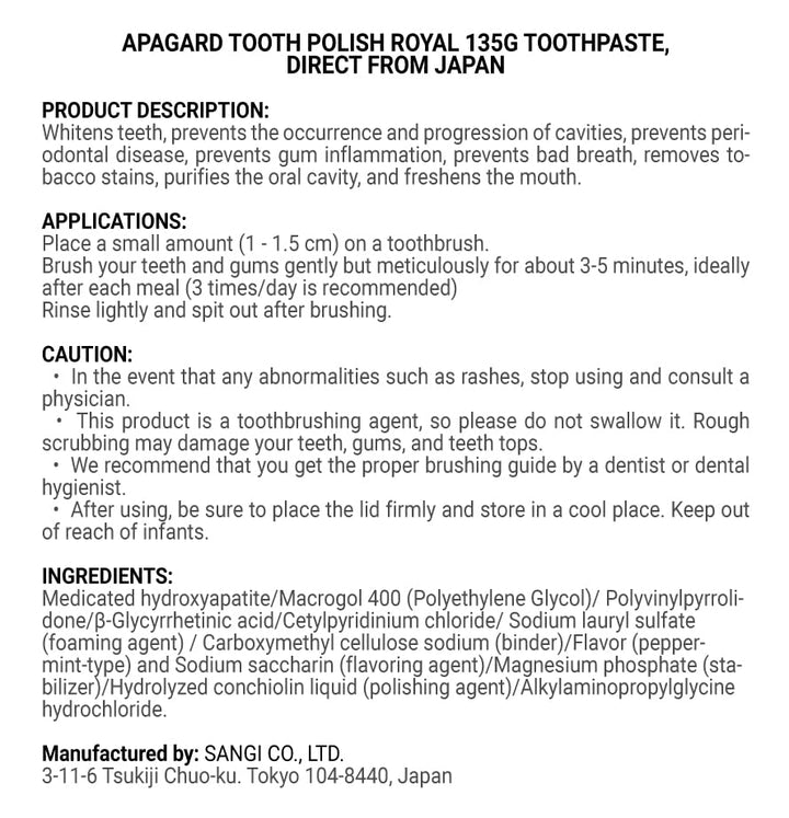 Apagard Tooth Polish Royal 135g toothpaste, Direct from Japan