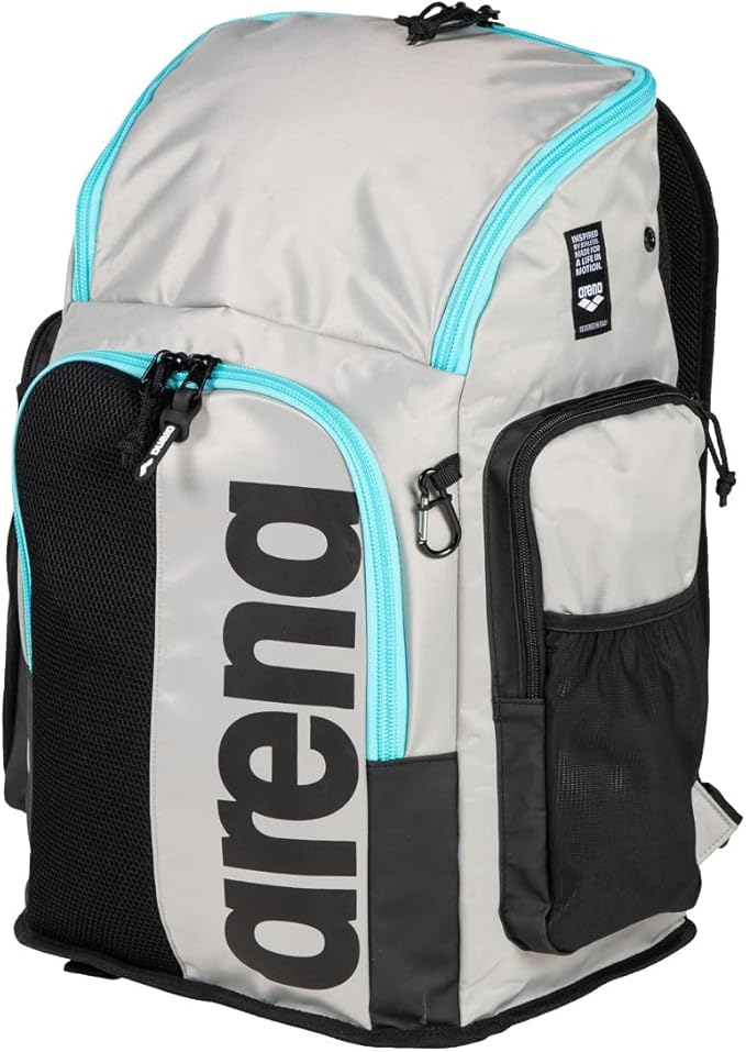 Arena Spiky III Backpack 45 Swimming Athlete Sports Gym Rucksack Large Training Gear Equipment Swim Bag for Men and Women, 45 Liters, Ice/Blue Sky