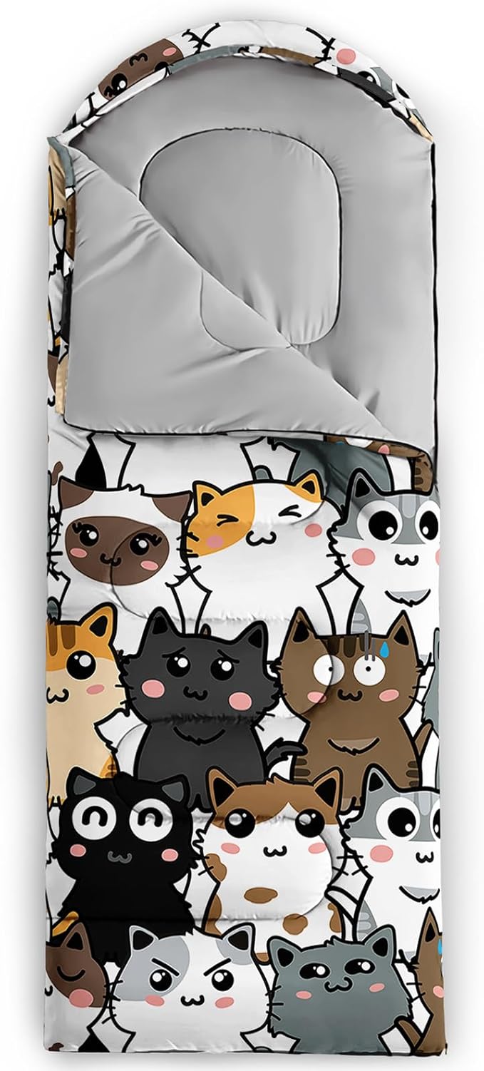 AILONEN Kids Floral Cat Camping Sleeping Bags,Lightweight & Waterproof,3 Season Warm & Cool Weather,Kawaii Kitten Sleeping Bags for Girls Adults,Travelling,Outdoors