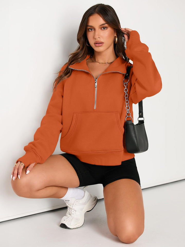 AUTOMET Womens Sweatshirts Half Zip Cropped Pullover Fleece Quarter Zipper Hoodies 2024 Fall Fashion Outfits Clothes Thumb Hole Orange
