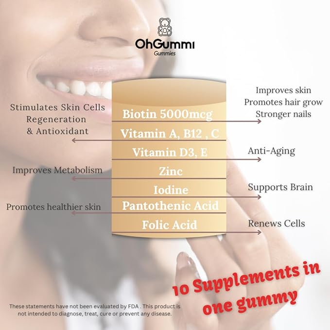 Biotin 5000mcg Gummies with VIT A, B12, C, D3, E + Folic Acid (Vegan Biotin)