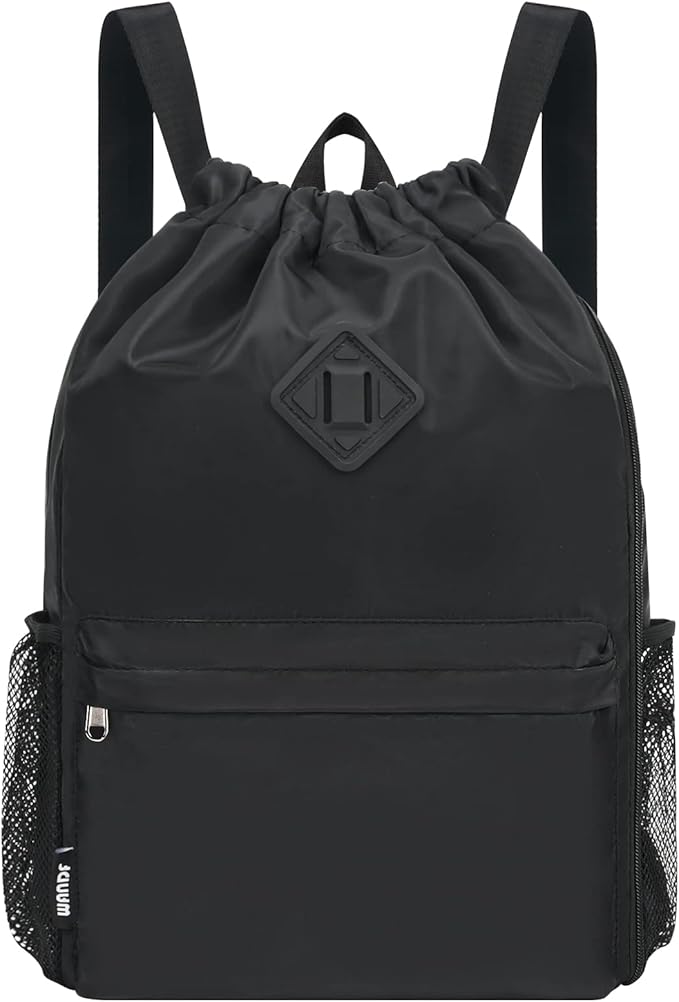WANDF Drawstring Backpack Sports Gym Bag with Shoes Compartment, Water-Resistant String Backpack Cinch for Women Men (Large,Black)