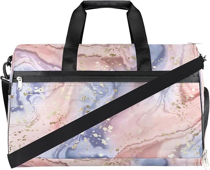 Gold Glitter Marle Dry Wet Depart Duffle Overnight Bag with Shoes Compartment & Wet Pockets, Water Resistant Weekender Travel Gym Pouch For Swim Gymnastics Ballet Sleepovers