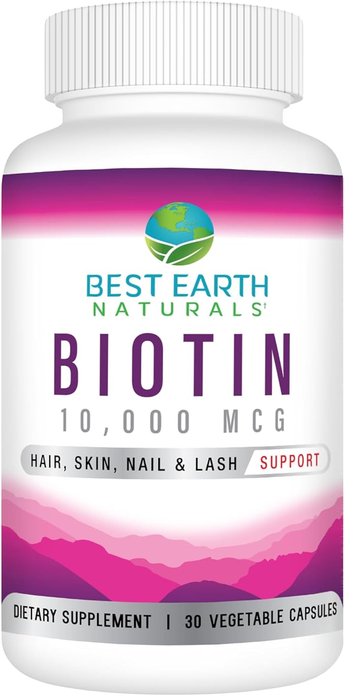 Best Earth Naturals Biotin 10,000mcg - Extra Strength Biotin Vitamin Supplement to Support Hair Growth, Strong Nails, Long Eye Lashes and Healthy Skin
