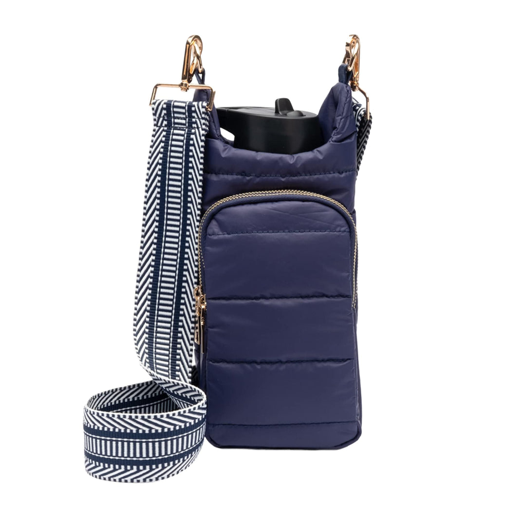 WanderFull Original Crossbody HydroBag | Quilted Water Bottle Carrier | Puffer Tote Tumbler Holder with Pockets for Purse, Phone & Accessories | Carry Travel Essentials (Matte Navy/Patterned Strap)