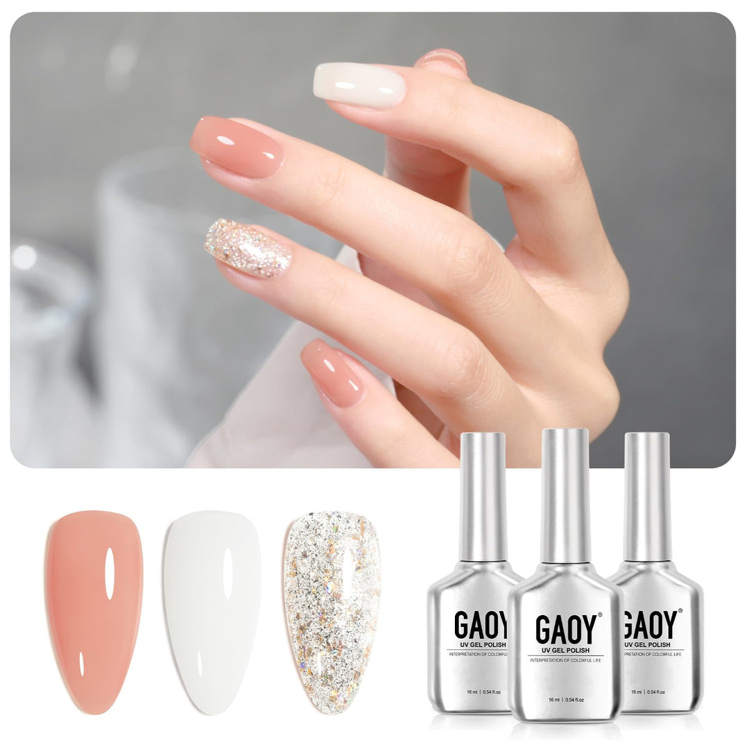 Gaoy Gel Nail Polish Kit, 3 Colors 16Ml Jelly Milky White Glitter, Sheer Soak Off Uv Gel Polish Set - Pearl Shimmer