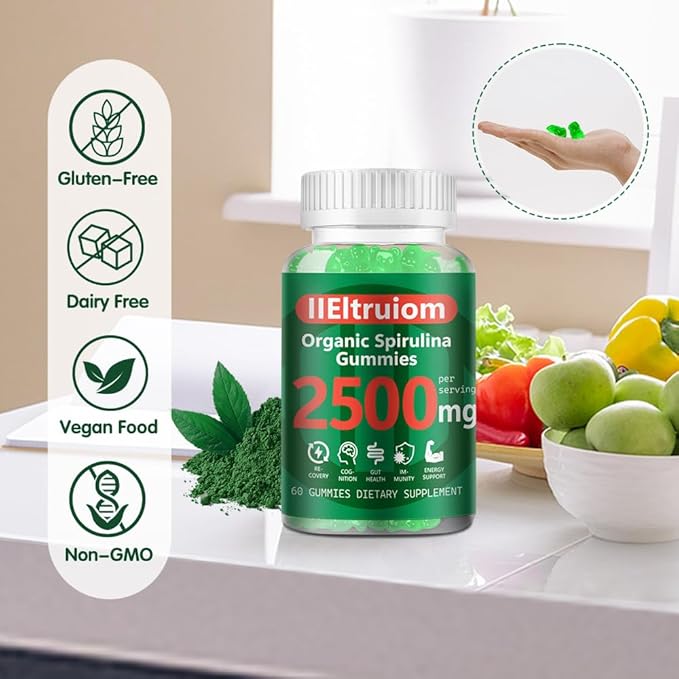 Spirulina Gummies, Organic Spirulina 2500mg Enhanced Daily Energy - Your Daily Super Greens with Sea Moss, Chlorophyll, GLA, Non-GMO, Gluten Free, 60 Vegan Gummies
