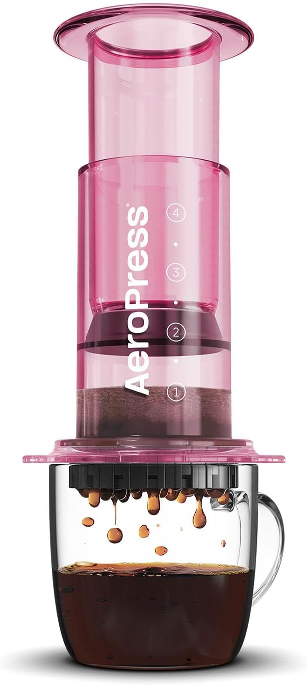 AeroPress Clear Pink Coffee Press – 3 In 1 Brew Method Combines French Press, Espresso, Full Bodied Coffee Without Grit or Bitterness, Small Portable Coffee Maker for Camping & Travel, Pink