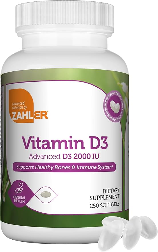 Zahler - Advanced Vitamin D3 2000 IU Softgels (250 Count) Kosher Vegetarian Friendly Vitamin D for Immune Support, Bone, Teeth & Muscle Health - Daily D3 Vitamin Supplement for Adults - Easy Swallow V