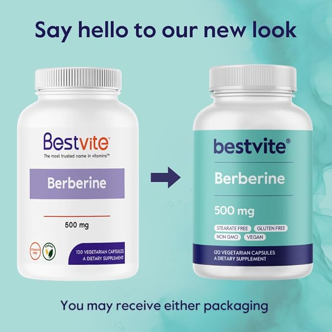 BESTVITE Berberine 500mg Per Capsule (120 Vegetarian Capsules) - No Fillers - No Stearates - No Flow Agents - Vegan - Gluten Free - Non GMO