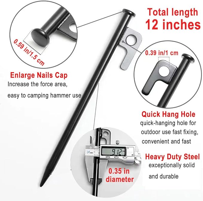 8 Pack Tent Stakes Heavy Duty Camping Stakes Steel Tent Pegs for Outdoor, Backpacking, Trip Hiking, Gardening, Unbreakable and Inflexible (Black, 12 inch Stakes)