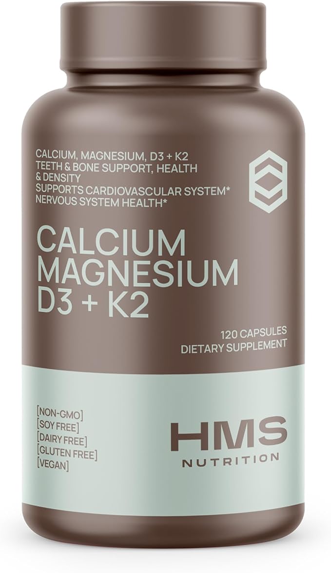 Calcium, Magnesium, Vitamins D3 and K2-120 Vegan Capsules, 60 Day Supply - Immune System Health, Strong Bones & Teeth - Non-GMO, Soy Free, & Dairy Free