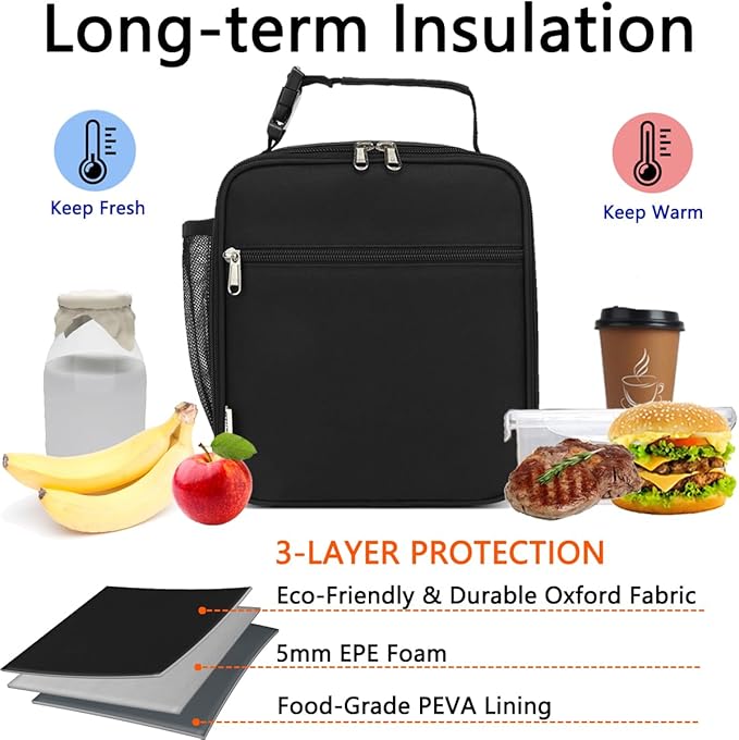 Lunch Box for Kids Boys Girls Men Women, Insulated Small Soft Cooler Lunch Bag Kit for School Work Picnic Travel - Reusable Portable lunchbox, Black