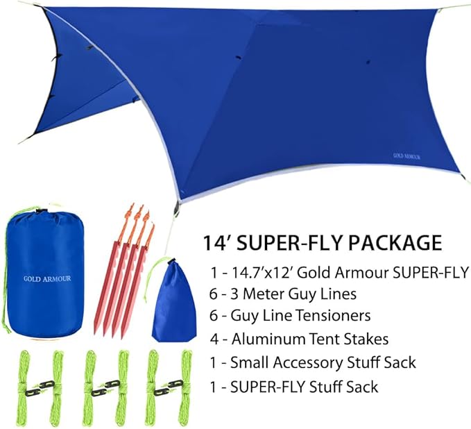 Gold Armour Rainfly Tarp for Hammock and for Tent, Camping Essentials Rain Fly Cover, Waterproof Lightweight Camping Accessories, Survival Camping Gear Camping Tent Accessories (Blue)