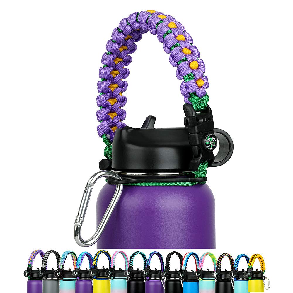 Paracord Handle - Fits Wide Mouth Bottles 12oz to 64oz - Durable Carrier, Paracord Carrier Strap Cord with Safety Ring,Compass and Carabiner - Ideal Water Bottle Handle Strap (Purple Orchid)