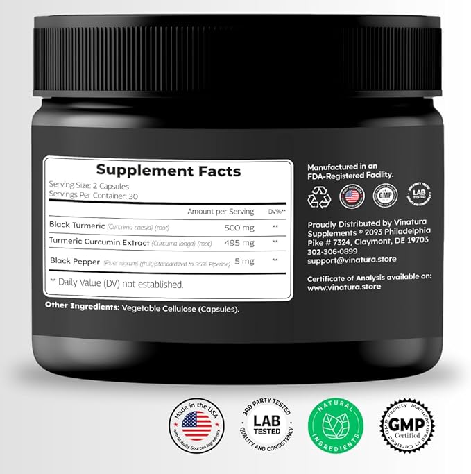 Black Turmeric, Curcumin with Black Pepper 1000mg - Turmeric Curcumin with Turmeric Black - Curcuma Caesia, Curcuma Longa, Black Pepper 95% Piperine - 60 Capsules 30 Servings