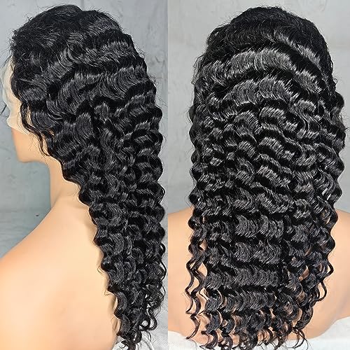 20Inch Deep Wave Lace Front Wigs Human Hair-13x4 HD Transparent Deep Wave Frontal Wigs Human Hair Glueless Curly Wigs for Women 200% Density Curly Lace Front Human Hair Pre Plucked with Baby Hair