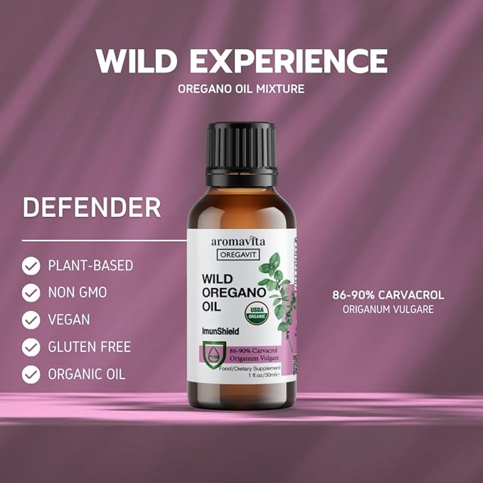 ImunShield Wild Oregano Oil Organic Liquid Drops - Hand-Picked Oregano with 86-90% Carvacrol for Immune and Digestive Support - Vegan, Non-GMO, Gluten-Free, 1 fl. oz./ 30ml