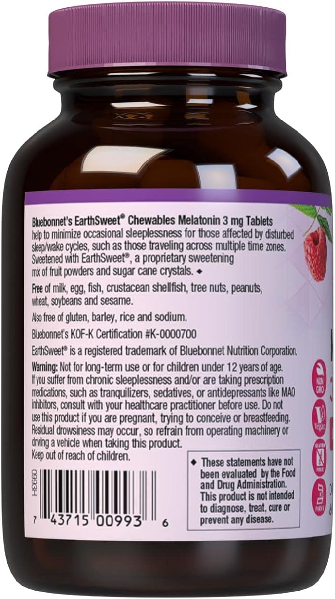 Bluebonnet Nutrition EarthSweet Melatonin 3 mg Fast-Acting Quick Dissolve Nighttime Relaxation & Restful Sleep Support - Sleep Aid - Gluten-Free, Vegan - Raspberry Flavor - 60 Chewable Tablets