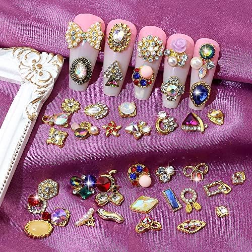 50pcs 3D Gold Nail Charms for Acrylic Nails Mix Styles Rhinestones for Nails Metal Nail Jewels for Nail Art Shiny Zircon Nail Rhinestones Alloy Nail Charm Pearl Nail Gems Cute Charms for Nails Design