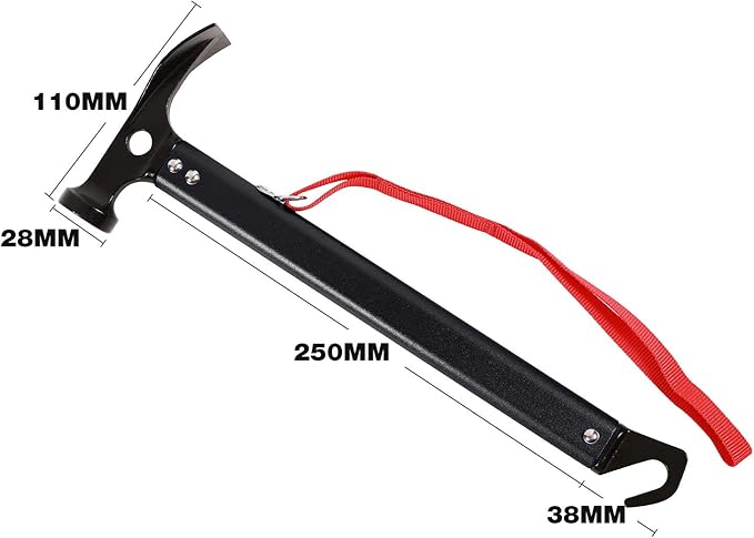 REDCAMP Aluminum Camping Hammer with Hook, 12" Portable Lightweight Multi-Functional Tent Stake Hammer for Outdoor,Black/Red/Orange/Blue