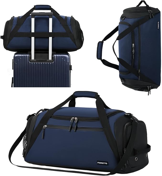 FIORETTO 43L Mens Sports Gym Bag with Wet Pocket & Shoe Compartment, Travel Duffle Bag Overnight Bag with Padded Shoulder Strap, Holdall for Swimming, Basketball, Football Navy
