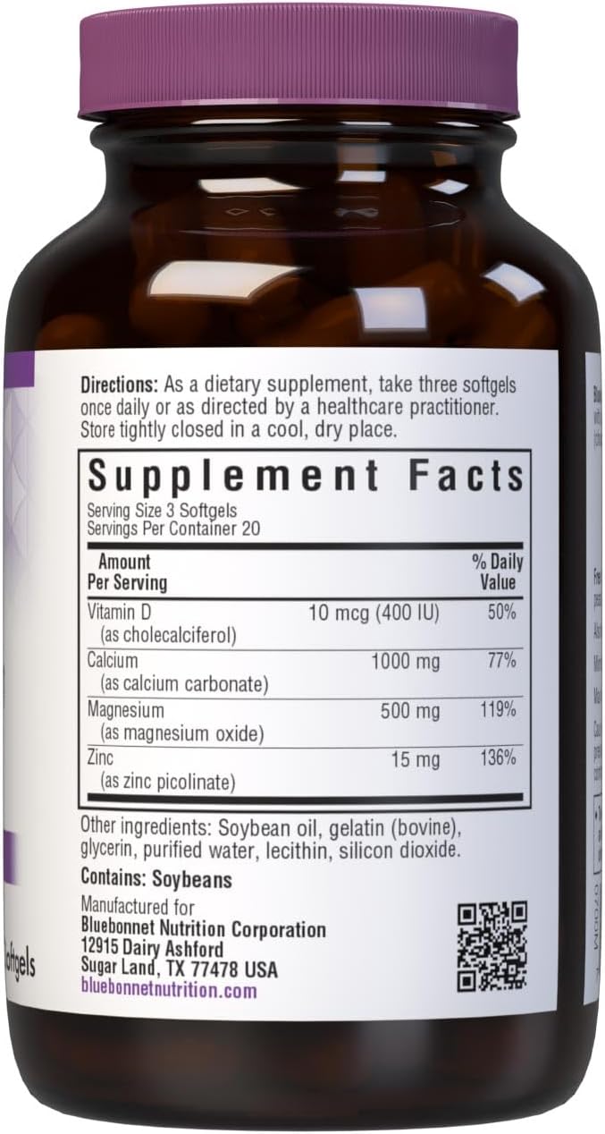 Bluebonnet Nutrition Calcium Magnesium Zinc Plus Vitamin D3, 1000 mg of Calcium, 500 mg of Magnesium and 15 mg of Zinc, 400 IU Vitamin D3, For Strong Healthy Bones*, Gluten-Free, Dairy-Fee, 60 softgel