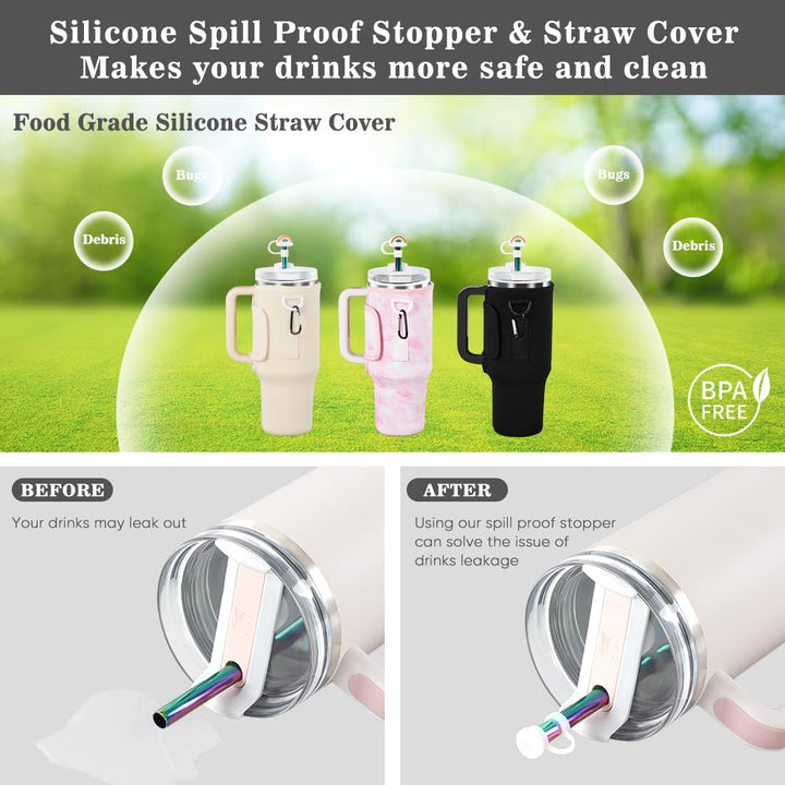 3 in 1 Water Bottle Carrier Bag with Pouch Pocket fits Stanley 40 oz Tumbler, Water Bottle Holder with Strap for Stanley Cup Accessories with Stainless Steel Straws, Straw Cover, Spill Proof Stoppers
