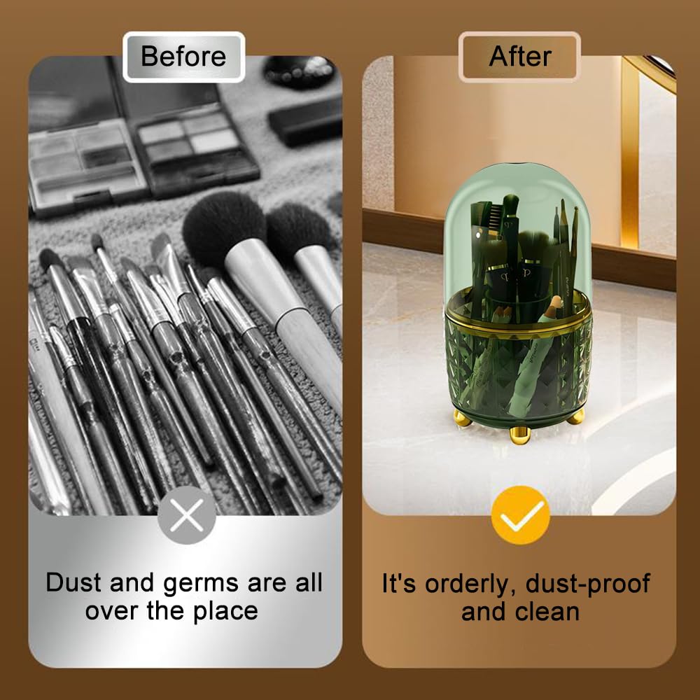 360° Rotating Makeup Brush Holder Organizer, Acrylic Makeup Organiser with Dustproof Lid, Cosmetic Storage Shelf for Dressing Table Bedroom (Dark Green)