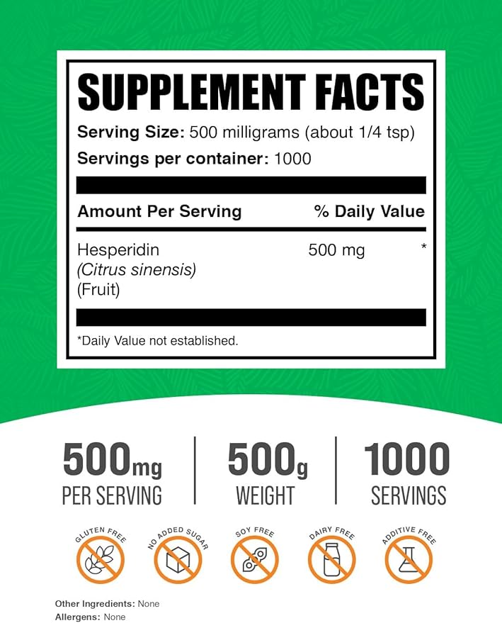 BulkSupplements.com Hesperidin Powder - Hesperidin Supplement, Hesperidin 500mg - Herbal Supplement, Vegan & Gluten Free, 500mg per Serving, 500g (1.1 lbs) (Pack of 1)